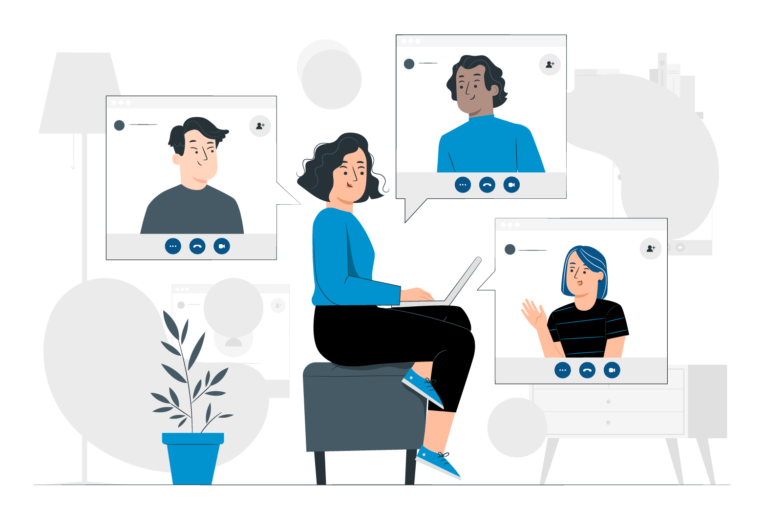 Video Meetings Conferencing - Remote worker on laptop with 3 video calls
